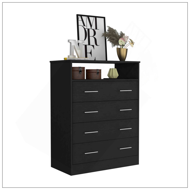 Commode à quatre tiroirs, plateau supérieur, une tablette ouverte, noir, Noir