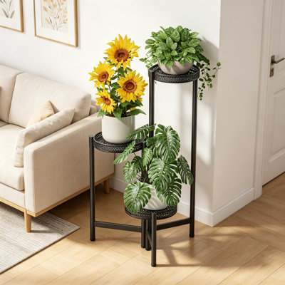 Support pour plante à l'intérieur et à l'extérieur, étagère à fleurs en métal à 3 niveaux, support à plantes pliable pour patio, balcon, porche, fer forgé résistant à la rouille