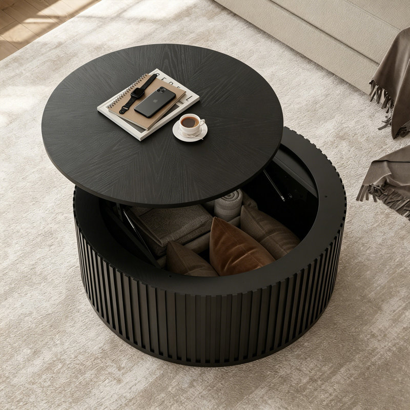 Table basse 31,5 "ronde en bois massif avec rangement, Noir