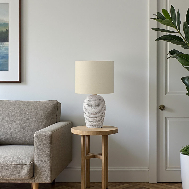 Helsa Rattan Table Lamp in White and Linen Shade, 16.29'' H X 9.35'' W X 9.35'' D