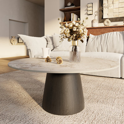Mid-Century Modern Round Coffee Table Stone Marble Effect Wooden Pedestal Table For Living Room & Home Decor