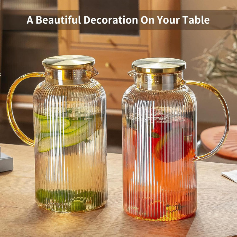 Pichet en verre avec couvercle, pichet à eau 68 oz / 2 litres Amber Classic, H 11,5 po x l 6,6 po x P 6,6 po, Ambre