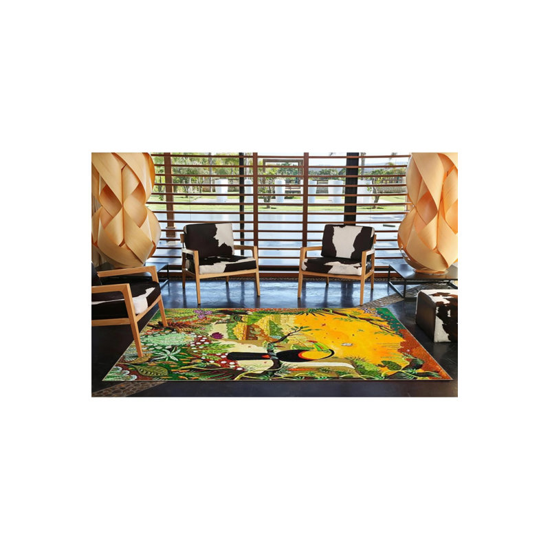 Tapis tissé avec motif perroquet et forêt, Rectangle 3 pi 4 po x 5 pi