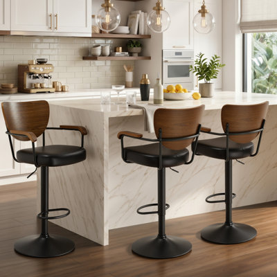 Alwin 360° Swivel Upholstered Bar Stool, Set Of 3, Adjustable Height Counter Stools With Wood Back