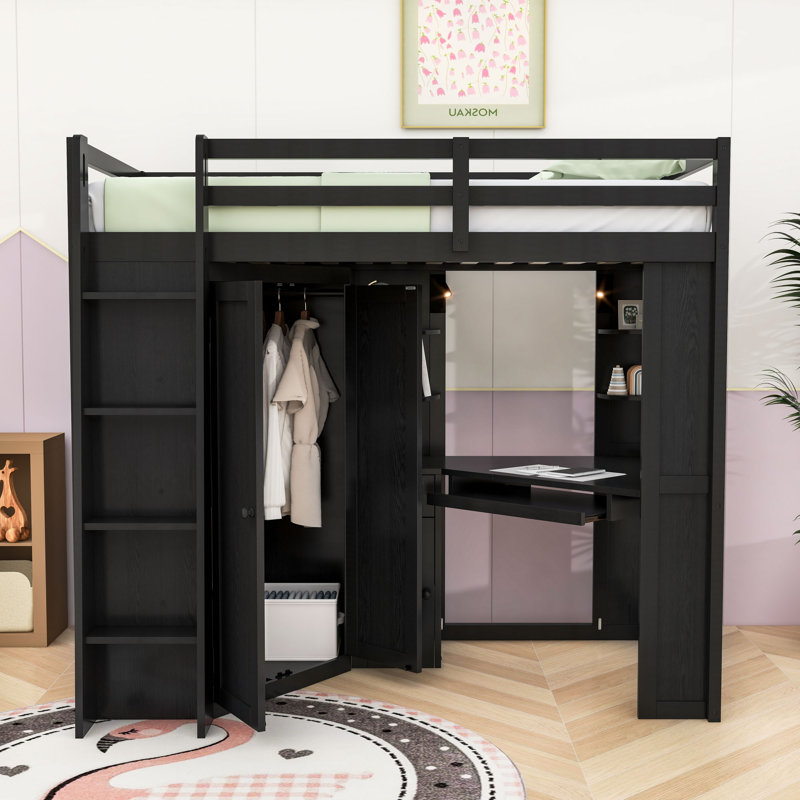 Lit mezzanine simple en bois avec bureau intégré, armoire et rangement, Noir