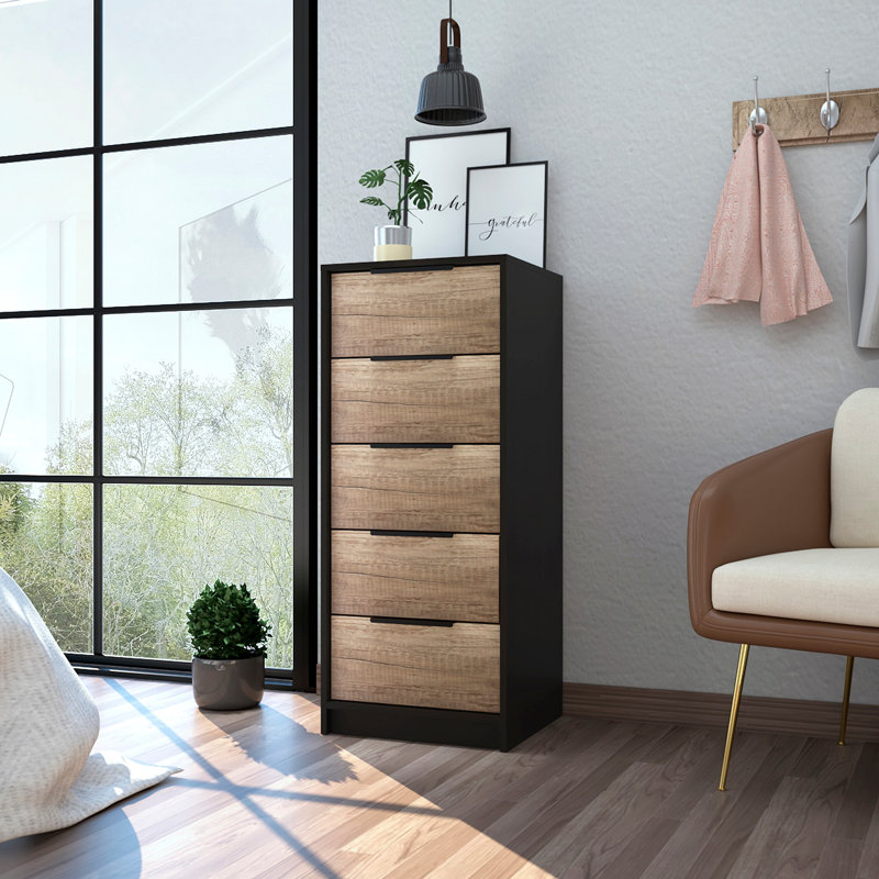 Commode 5 tiroirs, commode verticale, Noir / brun
