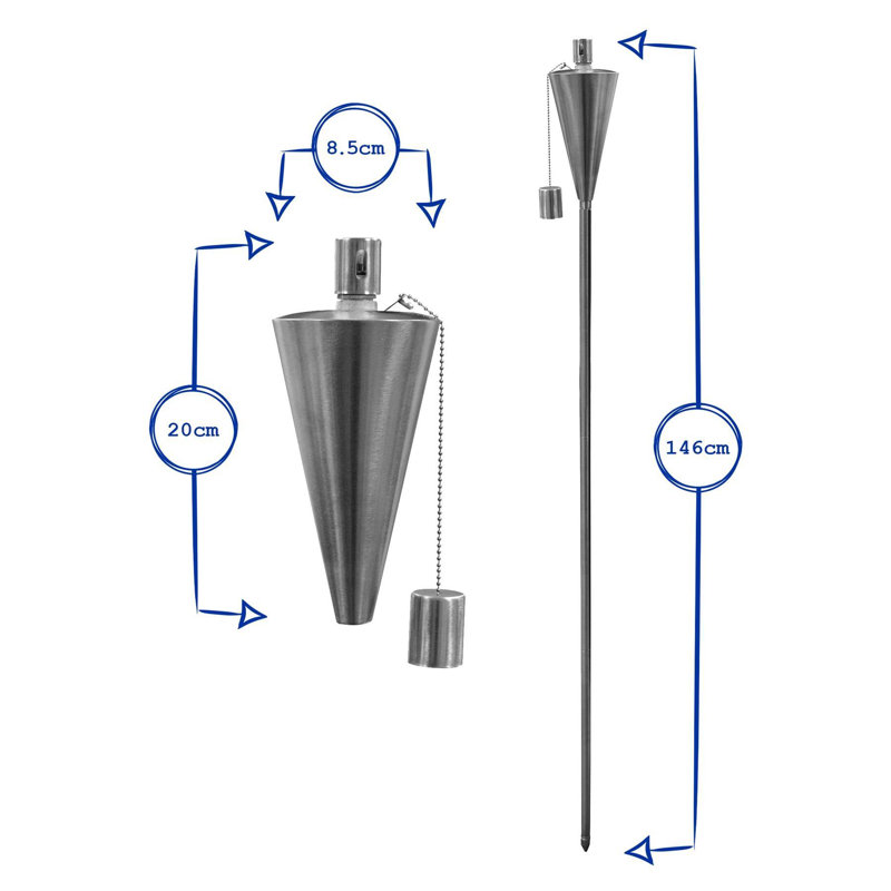 Harbour Housewares - 6x Garden Flame Torches - Metal Cone Design, Silver, 146cm H x 8.5cm W x 8.5cm D