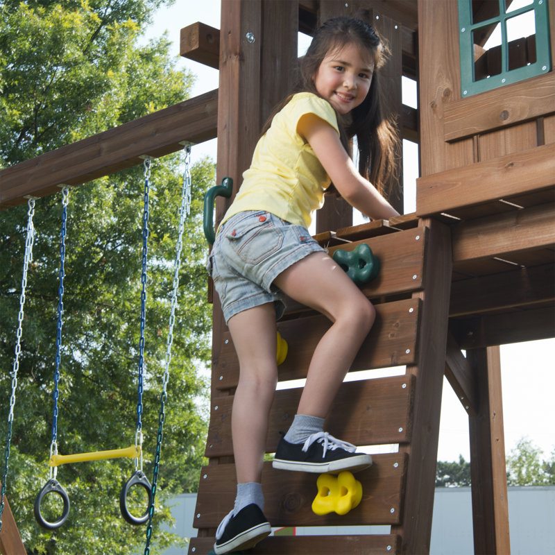 Monteagle Wooden Outdoor Swing Set with Wave Slides and Swings