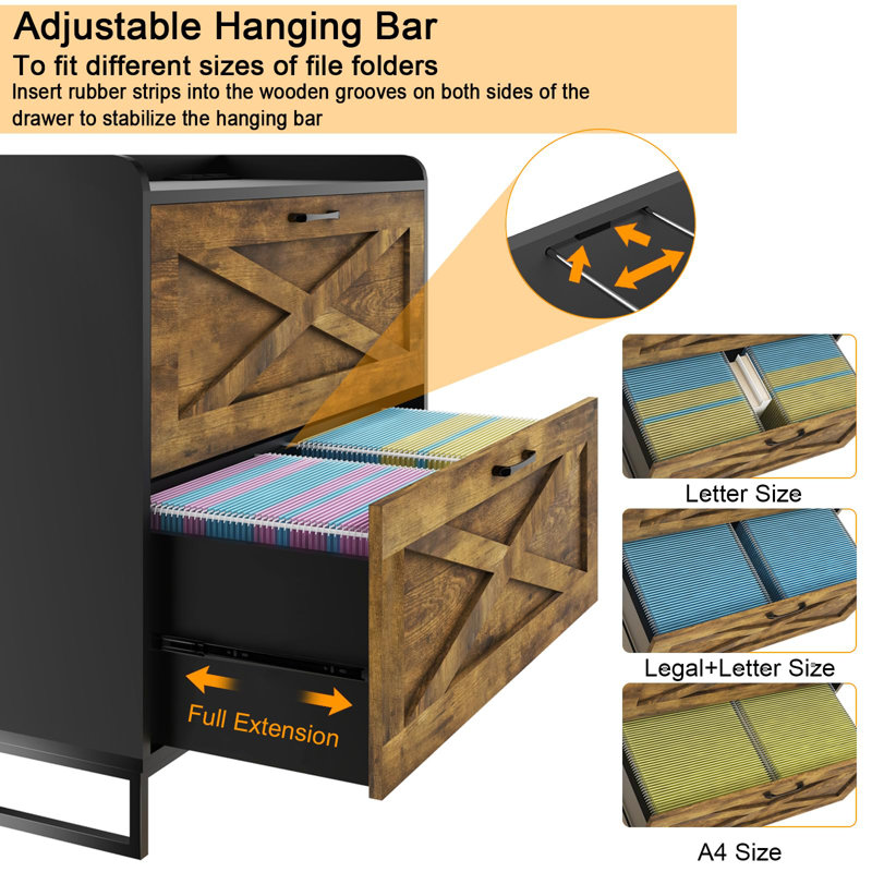 Lateral File Cabinet With Charging Station, Black/Brown