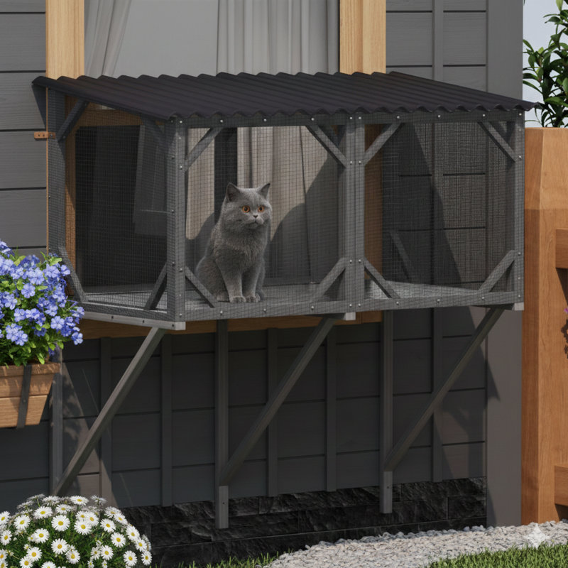 Enceinte d'extérieur 43,3 pouces avec filet anti-insectes - idéale pour les bains de soleil, les siestes et les visites, un perchoir pouvant accueillir de grands chats d'intérieur, une cage pour chat toutes saisons