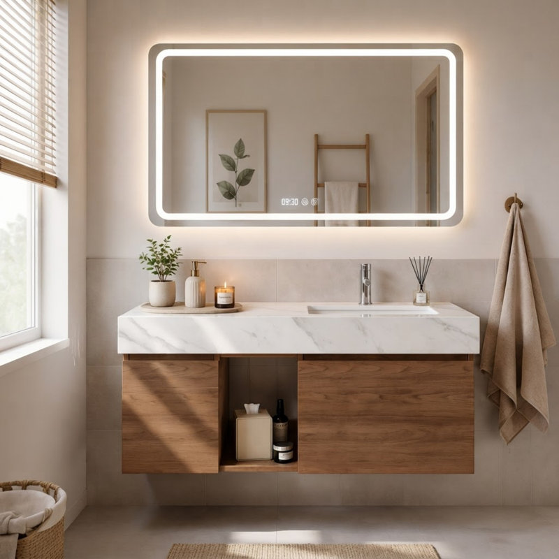 Meuble-lavabo flottant 48 po avec comptoir en pierre frittée en marbre et vasque rectangulaire en céramique blanche