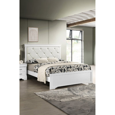 Grand lit pour chambre à coucher avec tête de lit tapissier, finition blanche et pieds en bois pour une finition de style moderne de la tête de lit