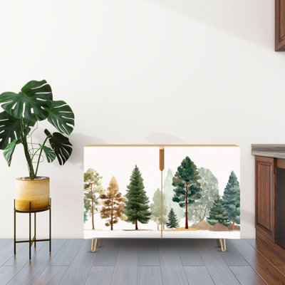 Sideboard Buffet Cabinet with Storage Watercolor Trees Evergreen Pine Tree Forest Watercolor Misty Scene with 2 Doors for Living Room and Kitchen
