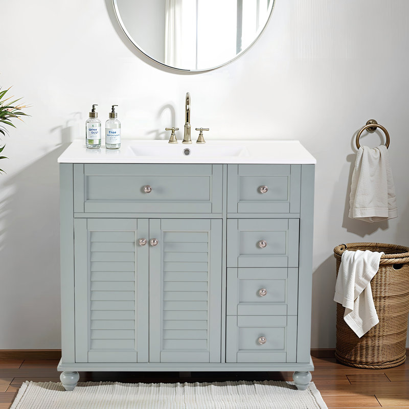 Meuble-lavabo bleu et gris 36 po avec lavabo en céramique, tiroirs à fermeture en douceur, structure en bois massif et rangement multi-organisateur