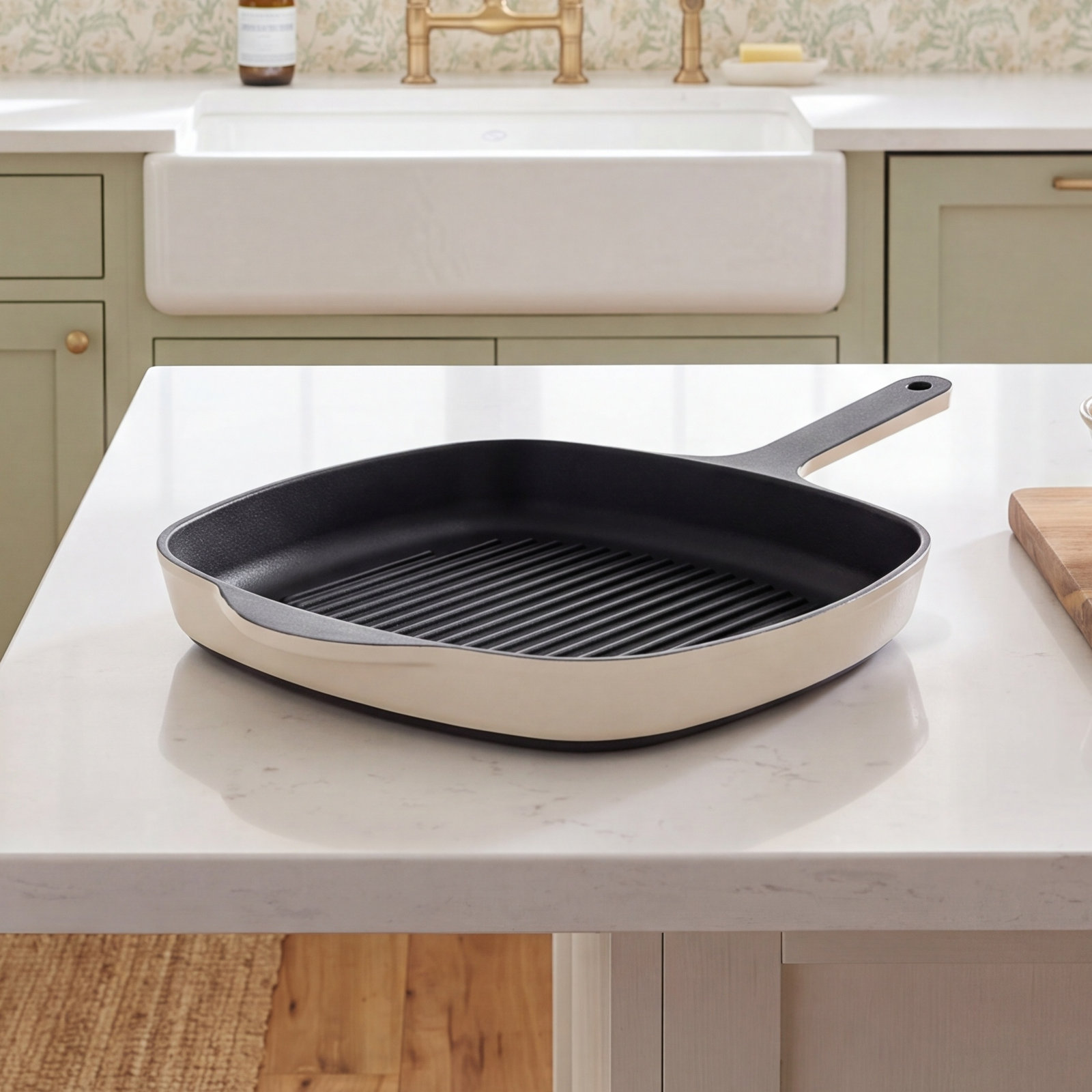 10.5" Enameled Cast Iron Grill Pan, Cream