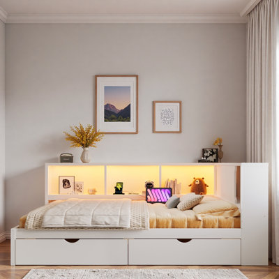 Wood Daybed With Storage Shelves, Usb Ports, Led And 2 Drawers
