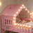 Twin Size House Loft Bed with Slide & Playhouse Design, Star-Moon LED Roof, Window & Safety Rails, No Box Spring Needed,Pink-925620100-925620107
