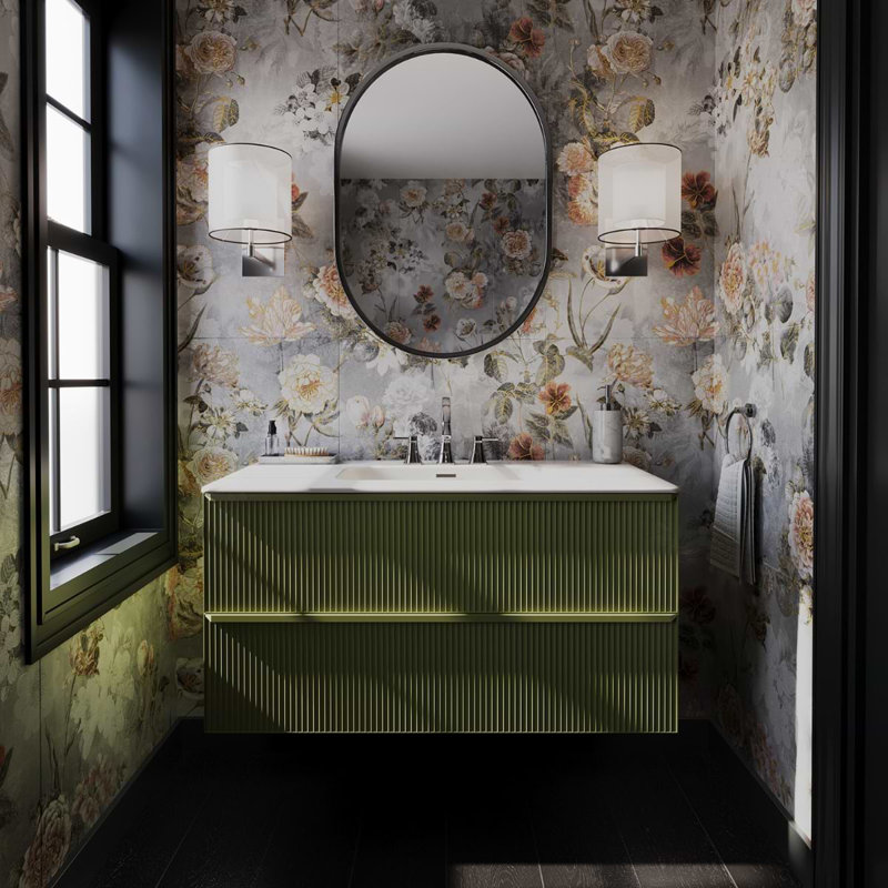 Astor 42" Single Vanity With Integrated White Solid Surfacetop, Olive Green, 36"
