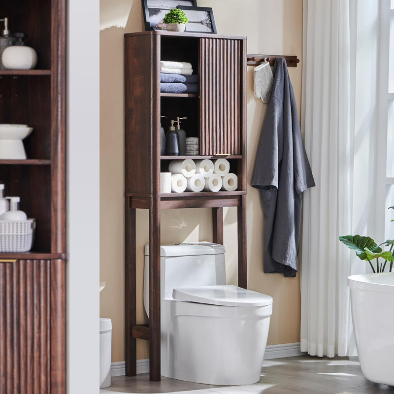 Riccio Freestanding Over The Toilet Storage Cabinet with Sliding Fluted Door Adjustable Shelf, Walnut