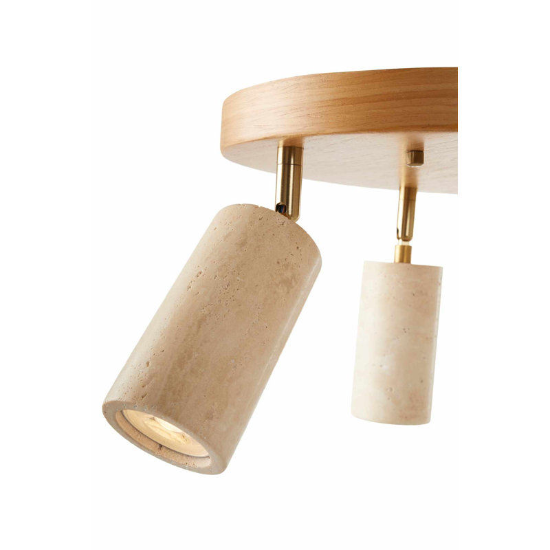 Lustre en bois élégant avec capuchon en travertin, finition beige et chêne | Capuchon de 6,5 po x 7,1 po, hauteur totale de 8,3 po, plaque de base de 11,8 po x 1,2 po | 3 x douilles GU10 (10 W maximum, ampoule non incluse) | Homologué IP20, éclairage élégant pour toute pièce