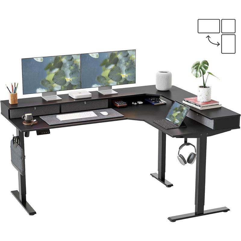 Bureau debout en L électrique avec tiroirs, plateau de table réversible, 2 réglages de hauteur de la mémoire, plateau noir / cadre noir