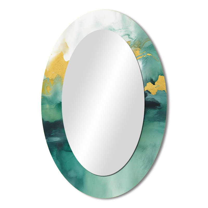 Blue Watercolor Impression With Gold III - Blue Oval Wall Mirror Decor, 36" x 24"