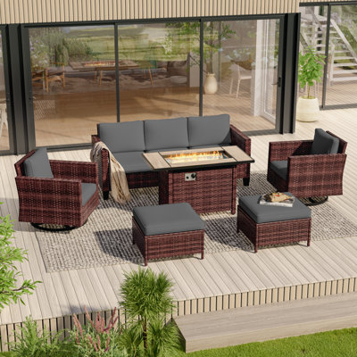 Canapé de patio 6 pièces avec foyer rectangulaire et chaises berçantes pivotantes