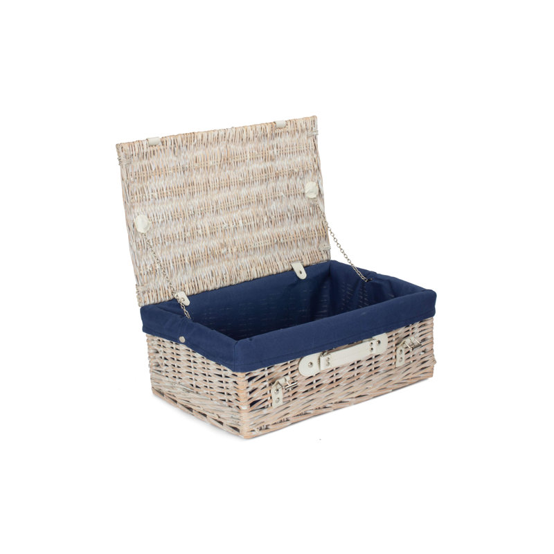 Wicker Hamper Basket with Lining, 19cm H x 46cm W x 30cm D, White/Navy Blue