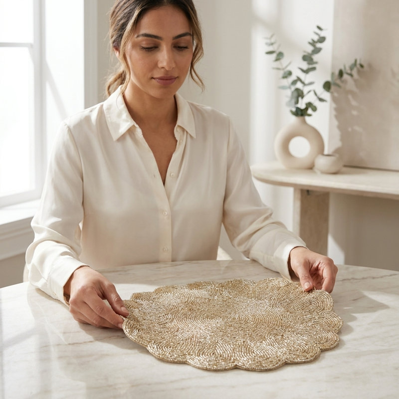 Liza 14" Beaded Placemats Scallop, Gold