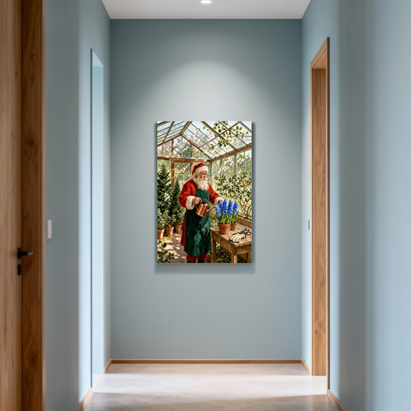 «Christmas Santa Gardening In Greenhouse With Flowers», reproduction de cadre photo sur toile, H 36 po x l 24 po