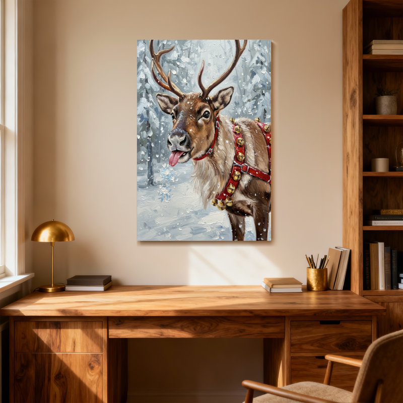 Animals Reindeer In Winter Snow With Bells, 30" H x 20" W