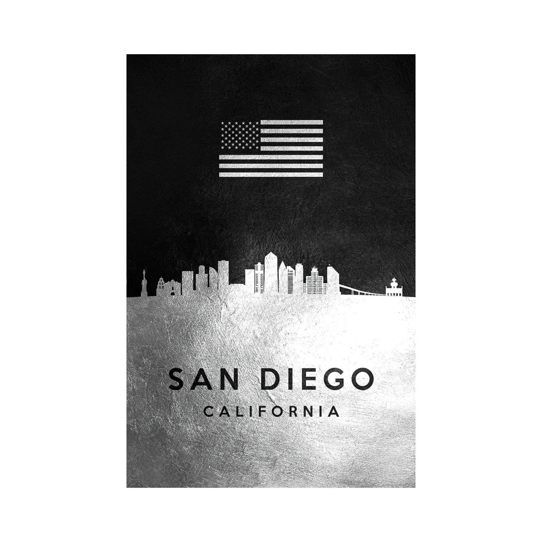 San Diego California Silver Skyline by Adrian Baldovino - Wrapped Canvas Painting