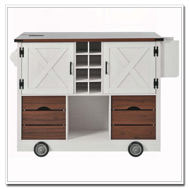 54" Farmhouse Kitchen Island With Drop Leaf, Power Outlet, Kitchen Storage Cart With 2 Doors, 2 Drawers, Rolling Kitchen Island On 4 Large Wheels With Spice Rack For Kitchen, Dining Room