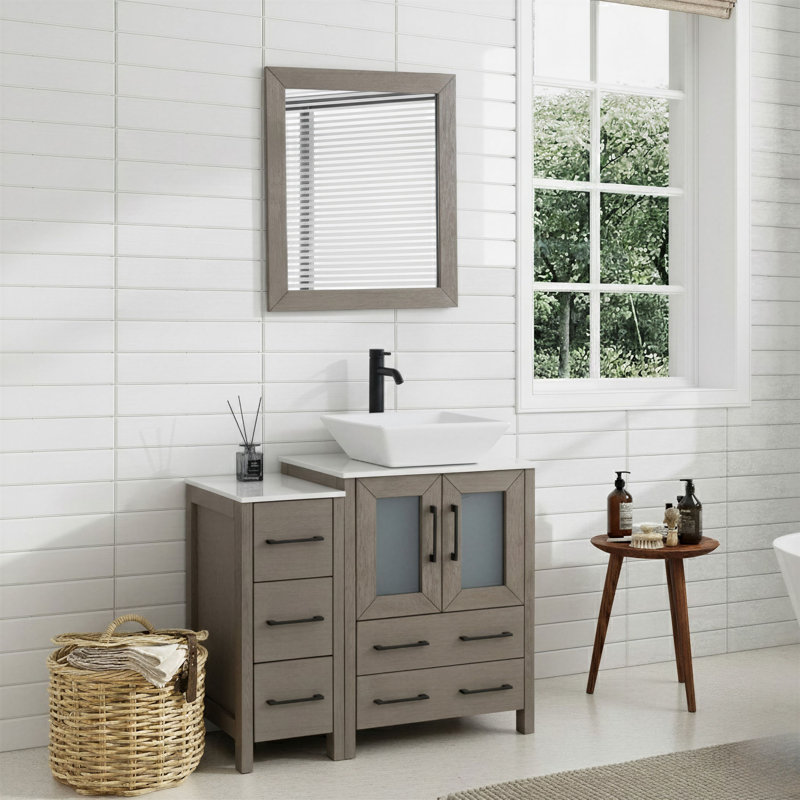 36" Single Bathroom Vanity with Engineered Marble Top with Mirror, Driftwood Gray