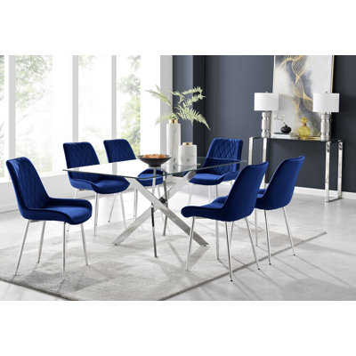Lenworth Modern Gold Metal and Glass Dining Table Set with 6 Luxury Velvet Dining Chairs