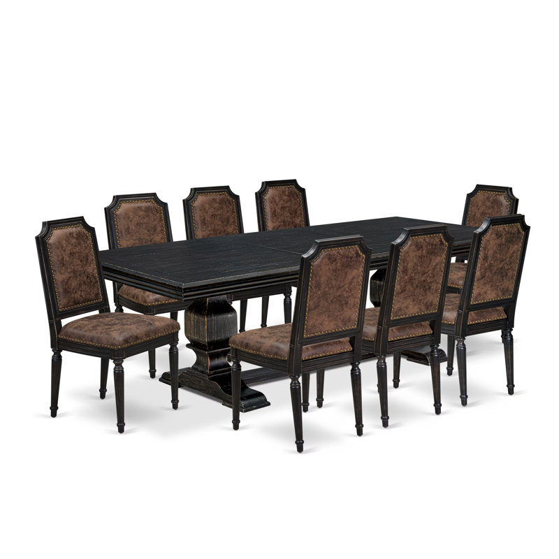 L'ensemble de table de salle à manger 9 pièces comprend une table de salle à manger et 8 chaises de cuisine en cuir de polyuréthane brun avec une finition noire à haut dossier sablé