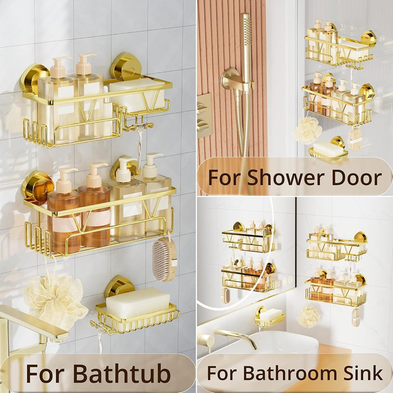 Serviteur de douche à ventouse - Or - Ensemble de 3 organisateurs de salle de bain en acier inoxydable antirouille avec porte-savon et crochets, support de rangement amovible sans perceuse