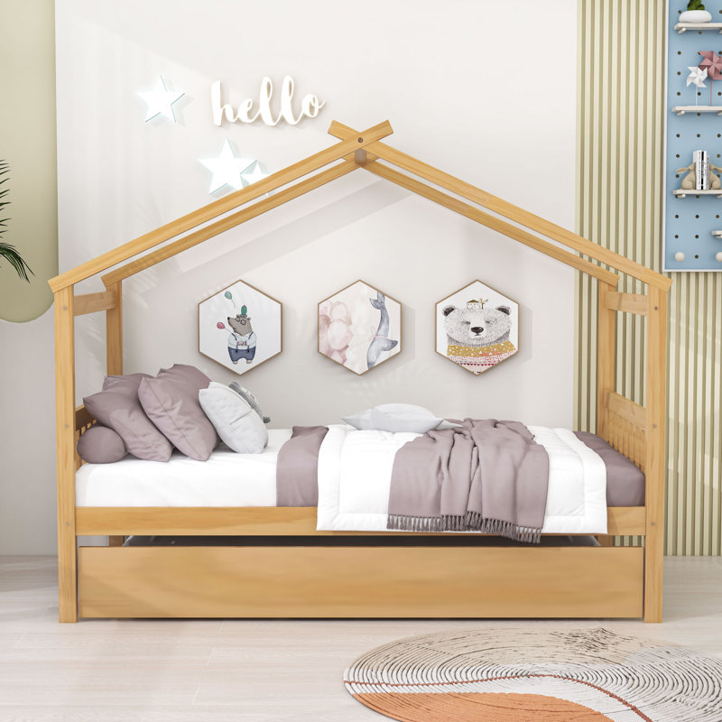 Lit de jour en bois avec lit gigogne simple, pieds et lattes, Simple, Naturel