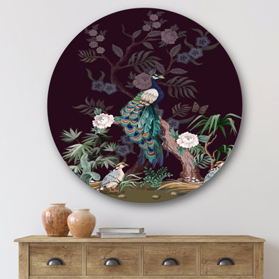 Chinoiserie avec oiseaux et pivoines V - Art mural traditionnel en cercle en métal