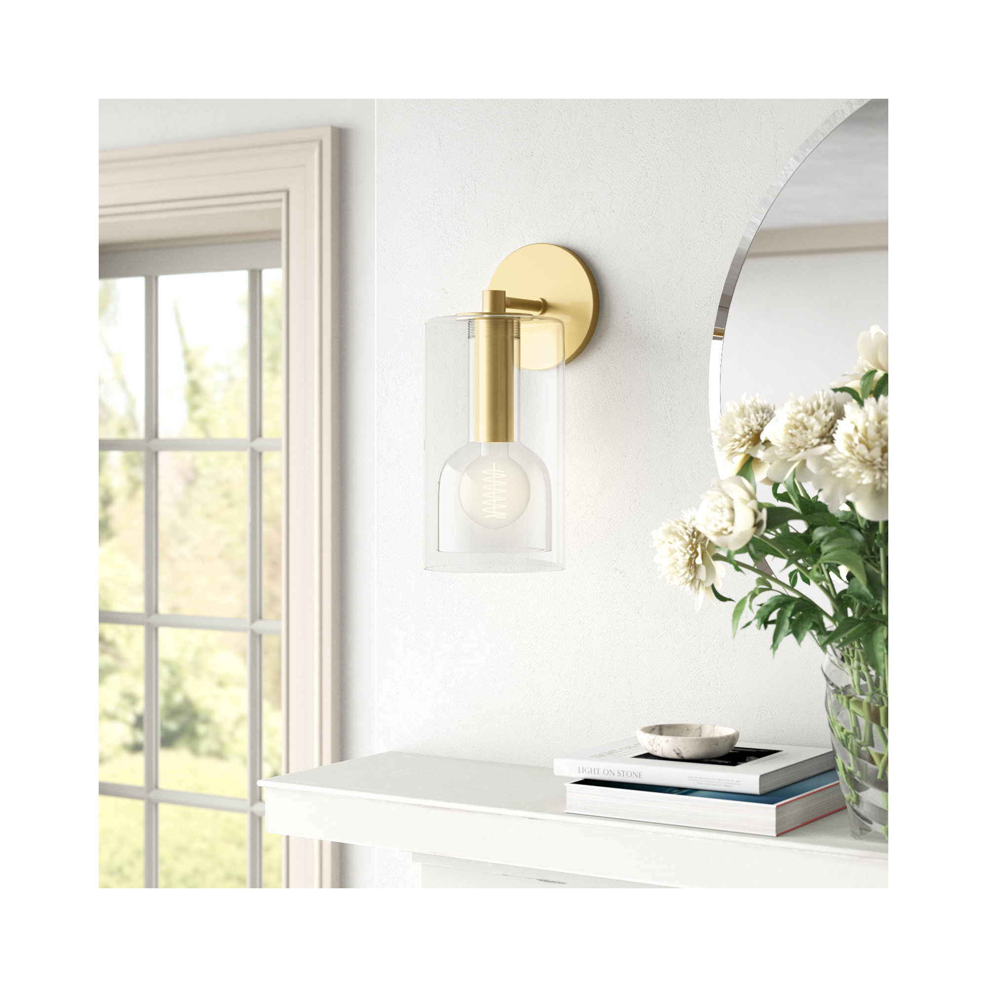 Adreille Single Light Glass Steel Dimmable Armed Sconce, Aged Brass