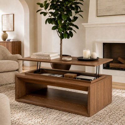 Table basse 43,3 po à plateau relevable moderne en placage de bois massif avec rangement et hauteur réglable pour le salon, la chambre à coucher, noyer