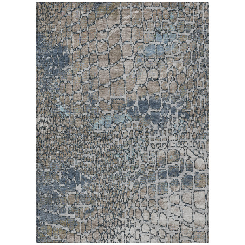 Tapis extérieur lavable abstrait bleu argenté et brun 9 pi x 12 pi