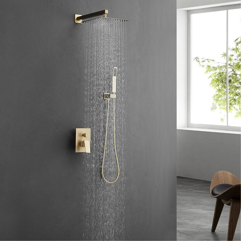 Système de douche mural contemporain à pluie en or brossé 10 pouces, salle de bain luxueuse avec douche à main, une poignée manuelle, robinet géométrique, valve de cartouche de remplissage en céramique moderne
