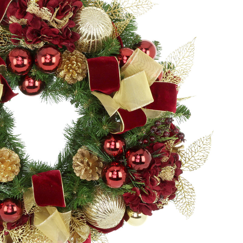 Couronne de Noël 26 po avec hortensias, ornements et boucles
