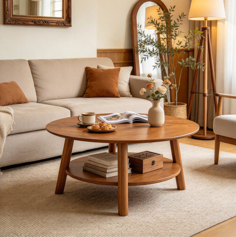 2-Tier Round Coffee Table, Retro Solid Wood Accent Table for Living Room Home Decor