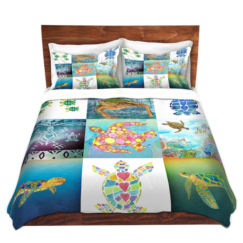 Ensemble de housse de couette tortue rose / orange / blanc en microfibre, 1 housse de couette grand + 2 taies standards