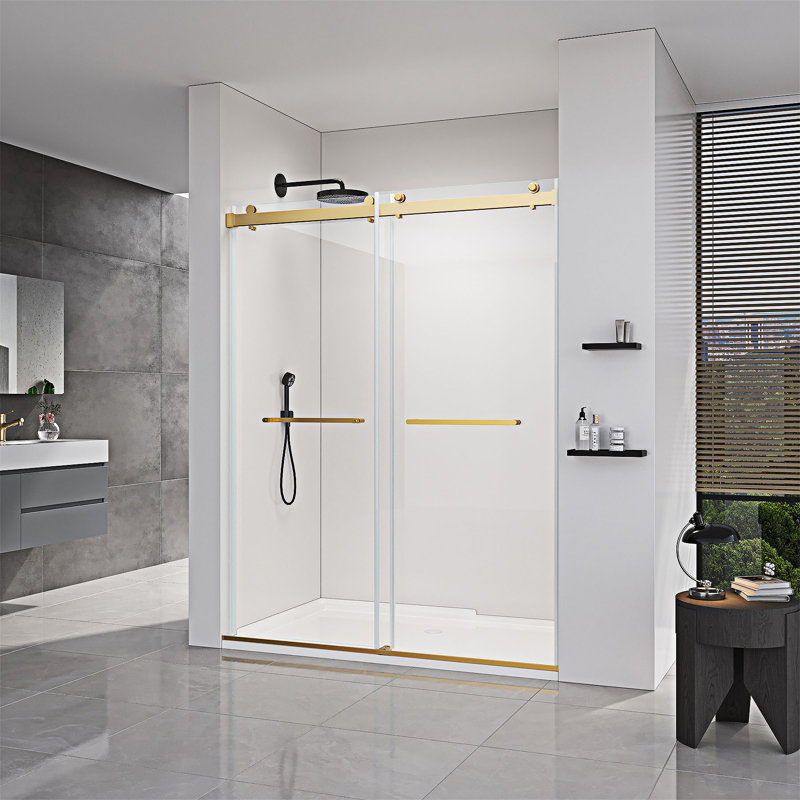 Double Sliding Frameless Soft-Close Shower Door, Brushed Gold