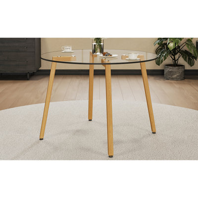 Table de salle à manger moderne en verre trempé transparent de style minimaliste moderne avec pieds en métal de couleur bois, idéale pour la cuisine, la salle à manger et le salon