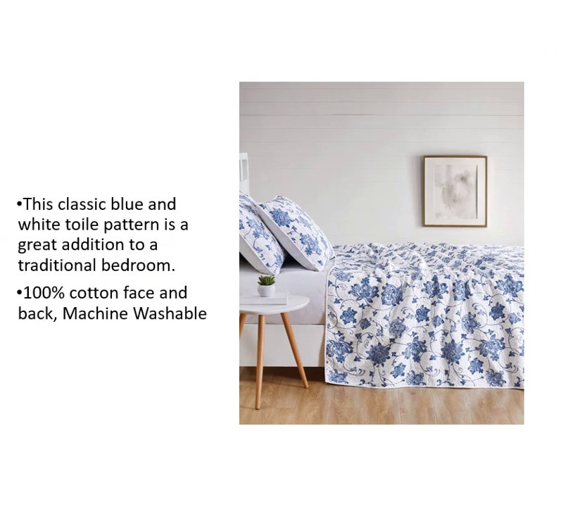 Full Blue Cotton Reversible Floral Quilt Set