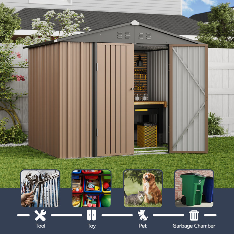 8 ft. x 6 ft. Brown Metal Outdoor Storage Shed with Sloping Roof